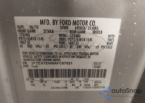 2010 Ford F-150 Stx/Xl z USA, uszkodzony, nr VIN 1FTEX1EW8AFC67521